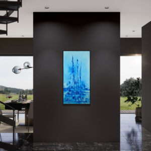 Tableau "Laissez libre cours au vent et au sable" – Peinture bleue abstraite à l’huile par GESBERT DE LÍNEA.