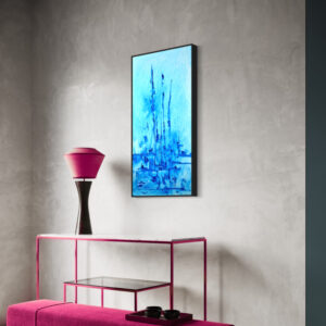 Tableau "Laissez libre cours au vent et au sable" – Peinture bleue abstraite à l’huile par GESBERT DE LÍNEA.