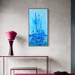 Tableau "Laissez libre cours au vent et au sable" – Peinture bleue abstraite à l’huile par GESBERT DE LÍNEA.