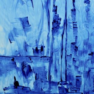 Tableau "Laissez libre cours au vent et au sable" – Peinture bleue abstraite à l’huile par GESBERT DE LÍNEA.