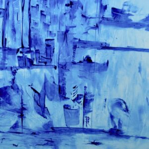 Tableau "Laissez libre cours au vent et au sable" – Peinture bleue abstraite à l’huile par GESBERT DE LÍNEA.