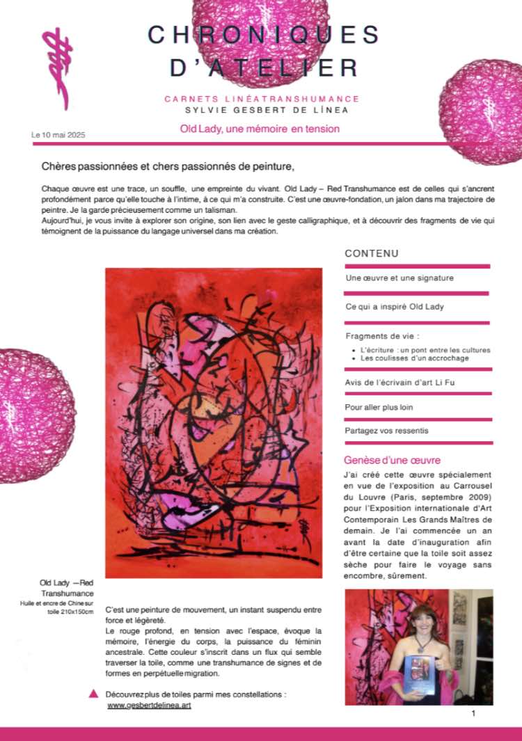 Page de la chronique d’atelier “Old Lady – Red Transhumance” de Sylvie Gesbert de Línea, huile et encre sur toile, 210x150cm.