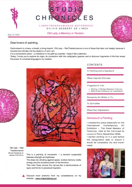 Studio Chronicle “Old Lady – Red Transhumance” by Sylvie Gesbert de Línea, oil and Chinese ink on canvas, 210x150cm.