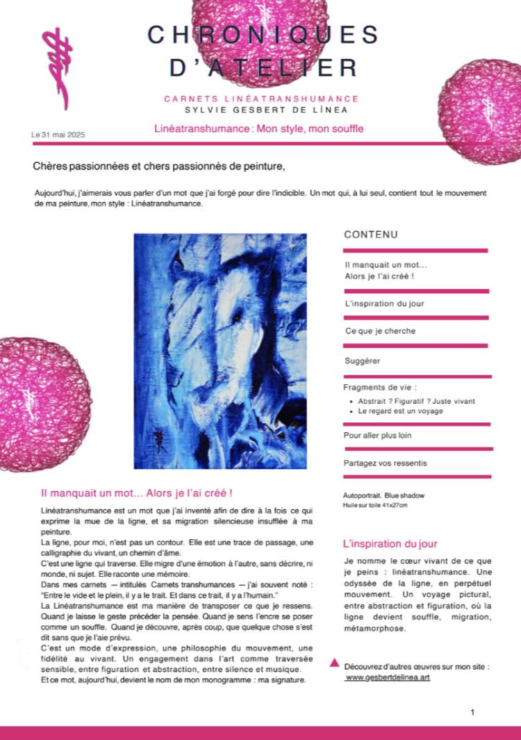 Page extraite de la Chronique d’atelier #3 – Linéatranshumance de Sylvie Gesbert de Línea, une exploration picturale du souffle et du mouvement.