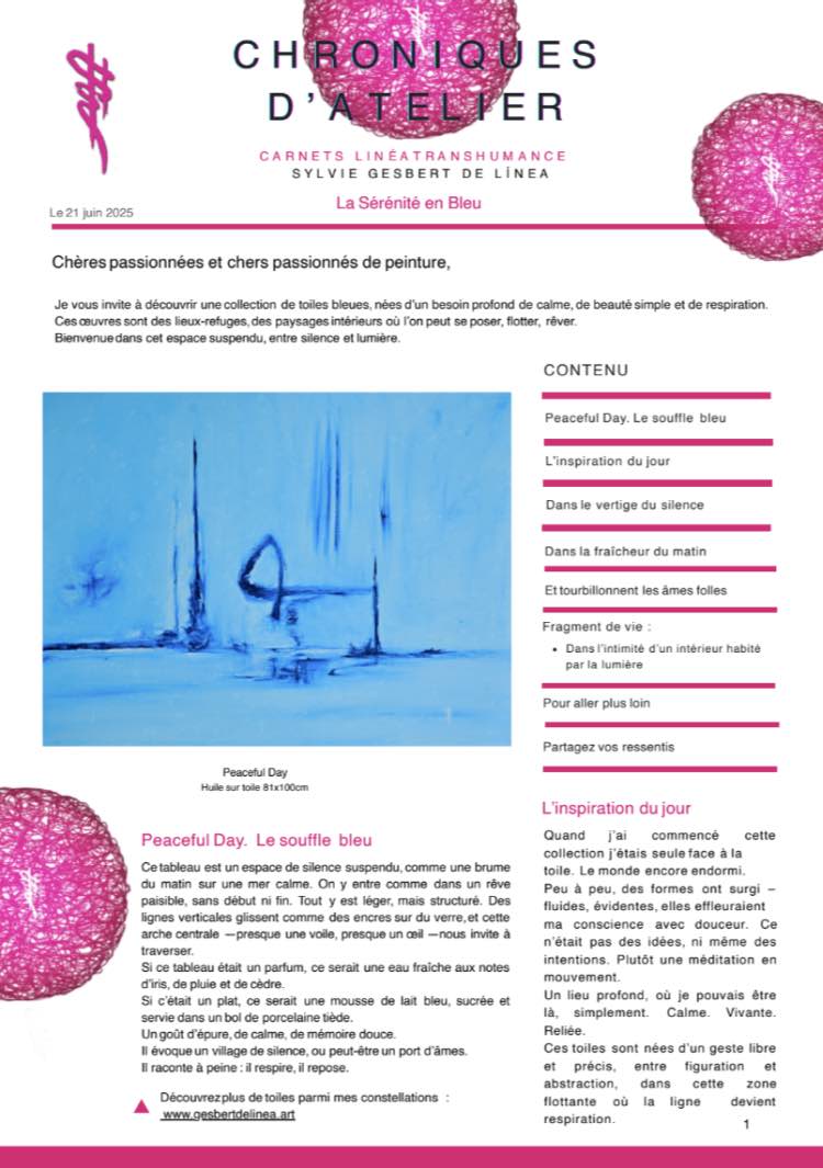 Première page de la chronique artistique La Sérénité en bleu par Sylvie Gesbert de Línea – peinture contemporaine et méditative en tons bleus.