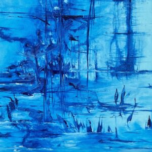 Contemporary painting "Still in the blue after a long journey " by Sylvie Gesbert de Línea - Oil on canvas 65x50cm - style Linéatranshumance - abstract painting blue