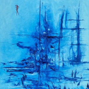 Contemporary painting "Still in the blue after a long journey" by Sylvie Gesbert de Línea - Oil 65x50cm - style Linéatranshumance - abstract painting blue