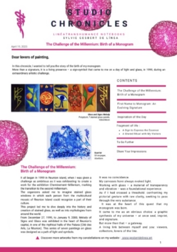 Page from Studio Chronicle #1 – The Birth of a Monogram by Sylvie Gesbert de Línea, featuring her artistic signature and stained glass creation.